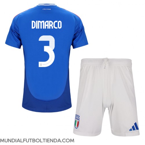 Camiseta Italia Federico Dimarco #3 Primera Equipación Replica Eurocopa 2024 para niños mangas cortas (+ Pantalones cortos)